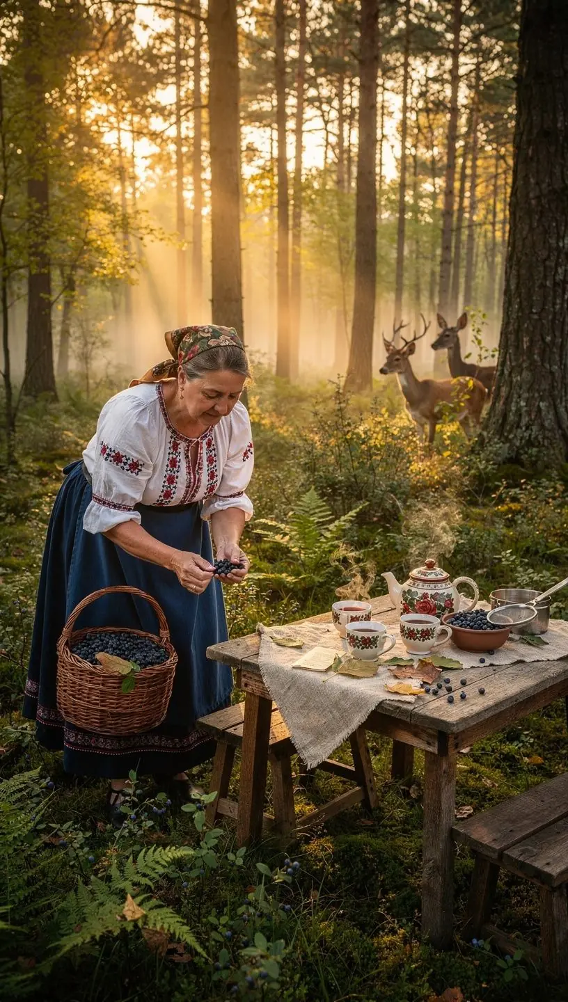 Teázás egy erdei pikniken, a bilberry tea mellett friss gyümölcsök.