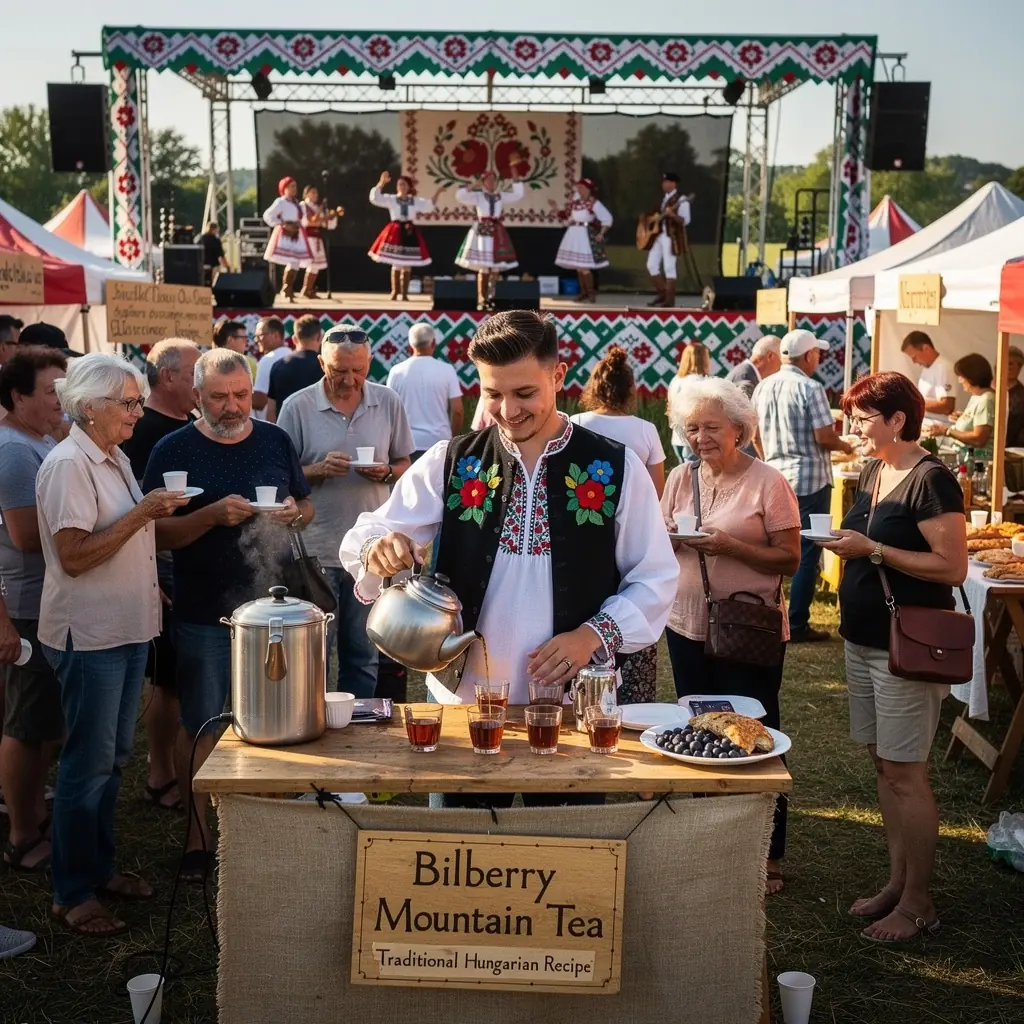 Bilberry Mountain Tea csomagolás, háttérben zöld erdővel.