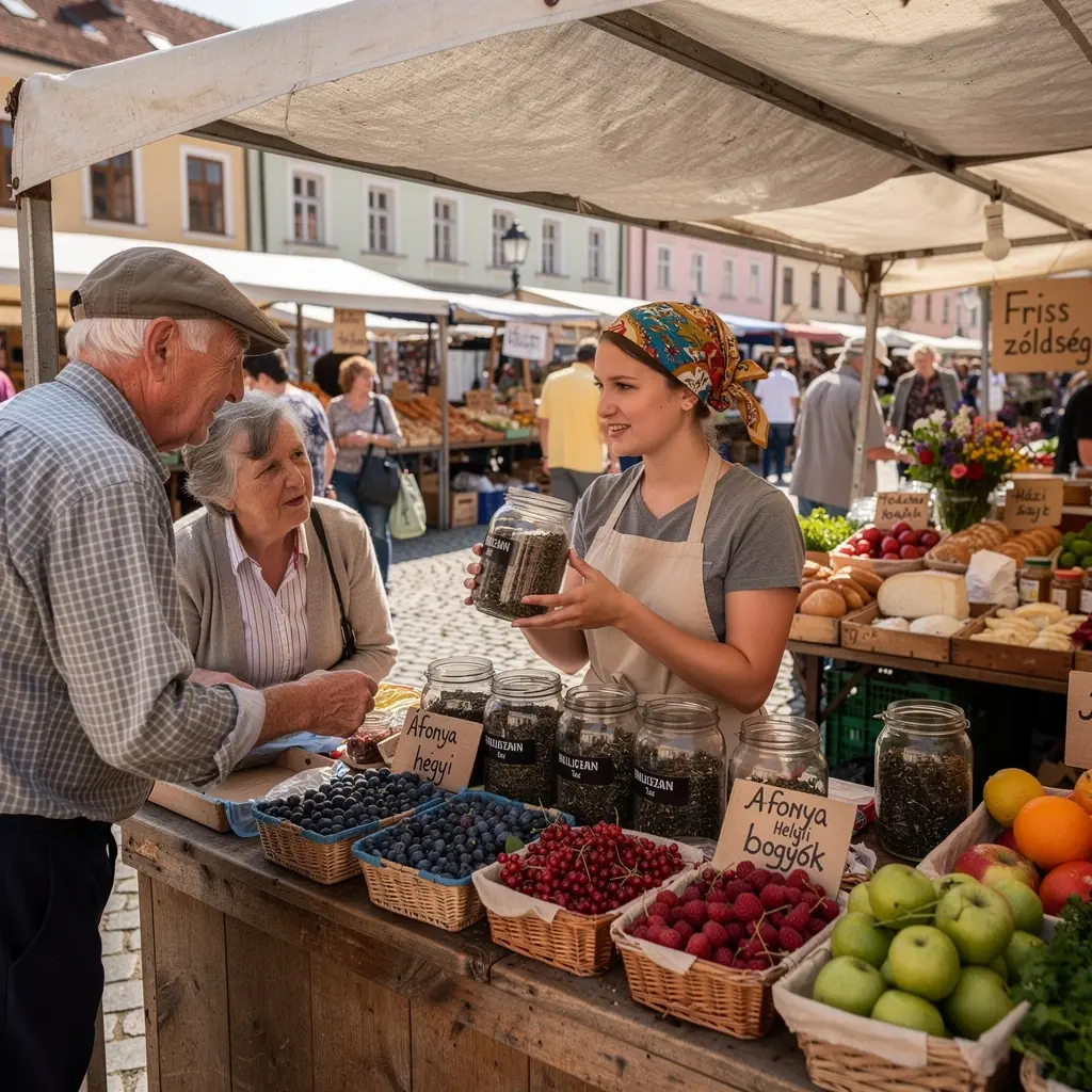 Egy bögre gőzölgő tea, mellette áfonyabogyók és fűszernövények.