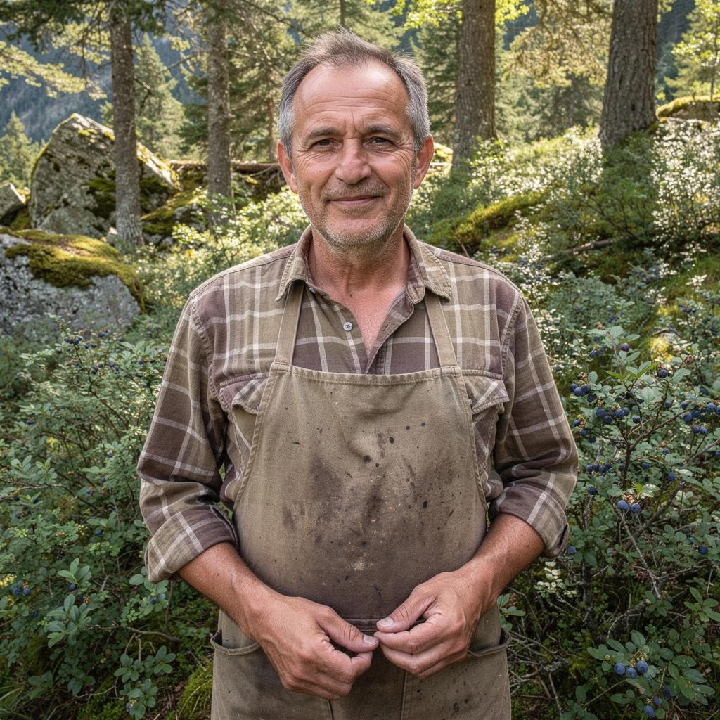 Fekete áfonya szüretelése egy napos erdei környezetben.