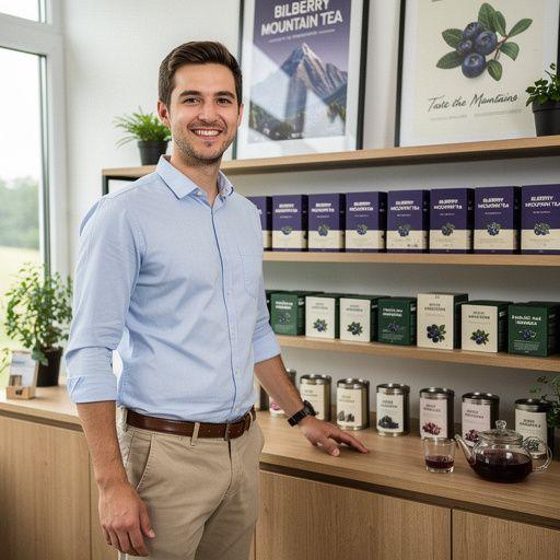 Egy csésze bilberry hegyi tea gőzölgő vízben, körülötte bogyós gyümölcsök.